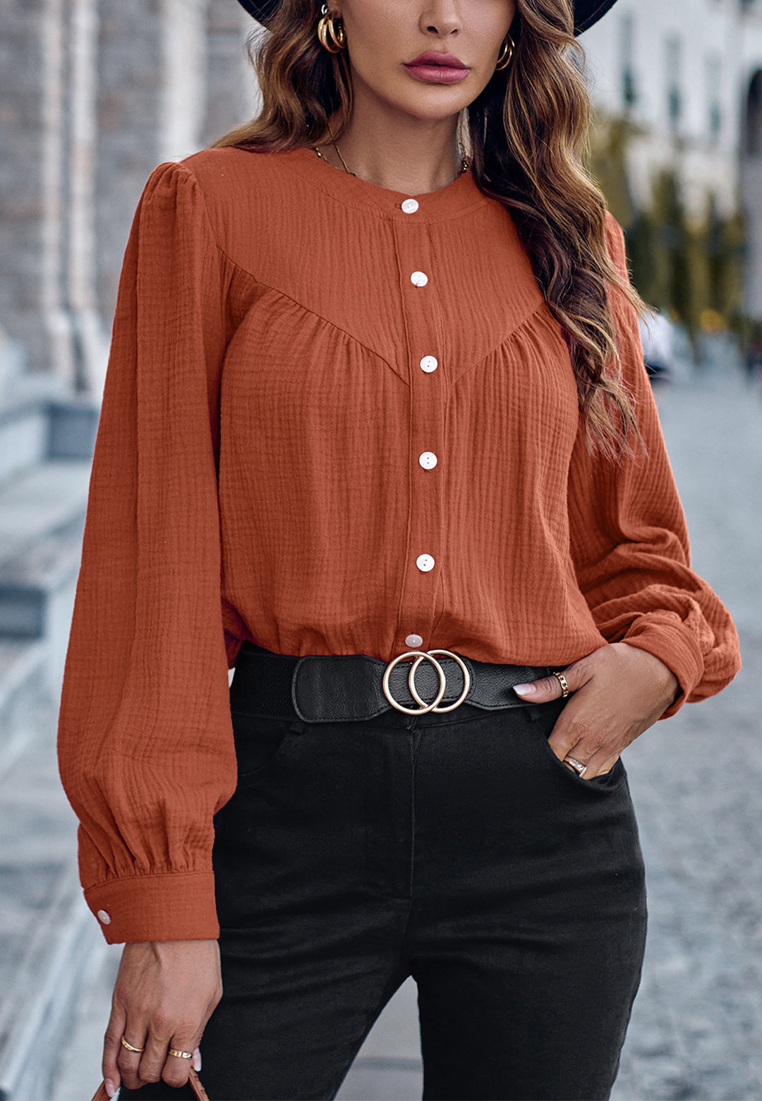 Round Neck Button Down Blouse