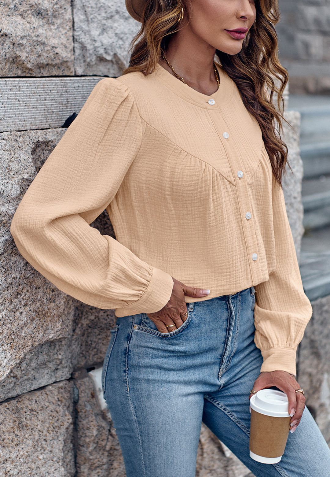 Round Neck Button Down Blouse