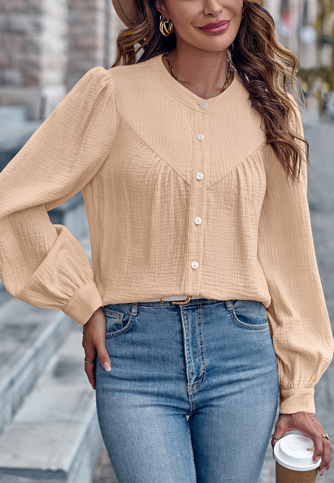 Round Neck Button Down Blouse