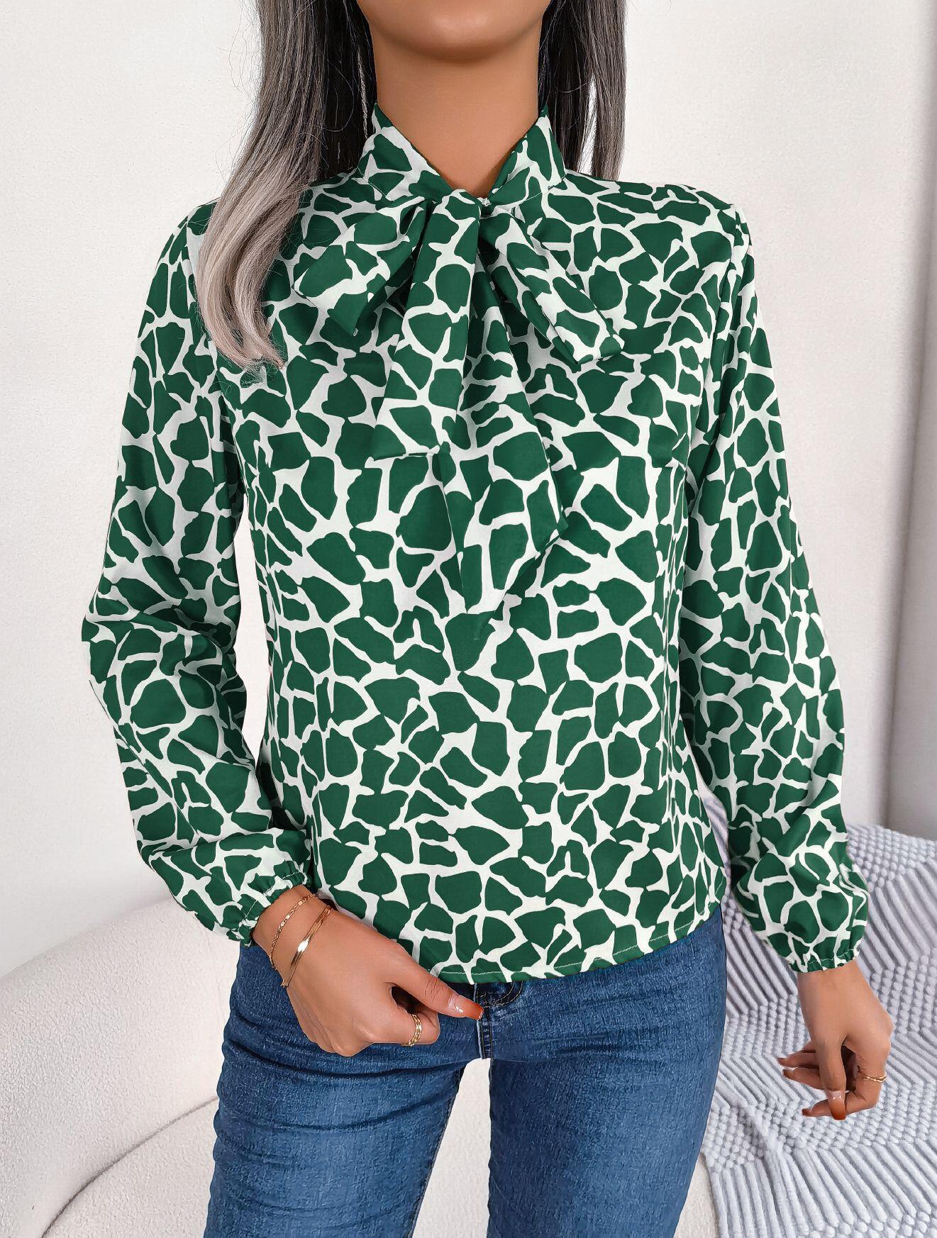 Abstract Print Neck Bow Long Sleeve Shirt