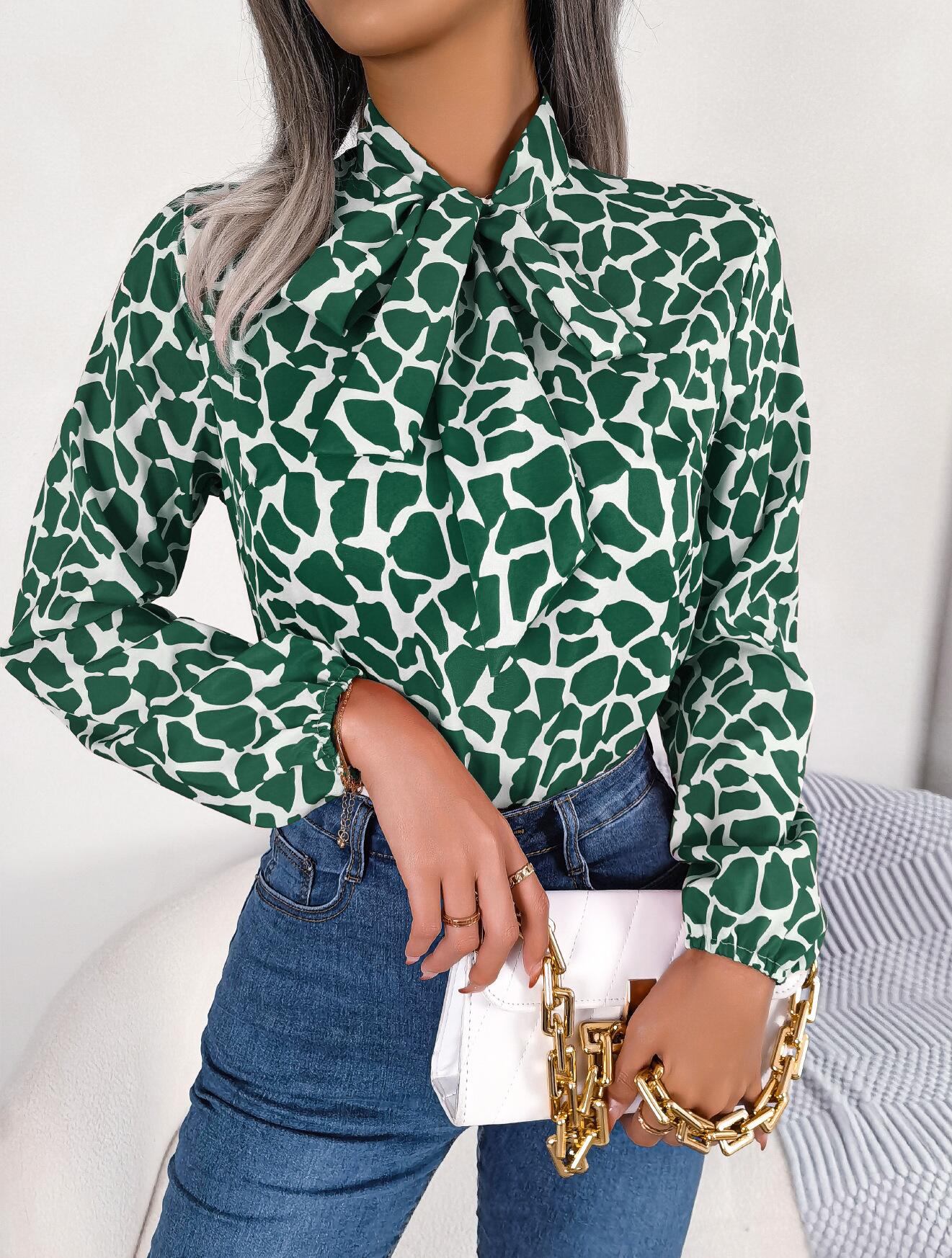 Abstract Print Neck Bow Long Sleeve Shirt
