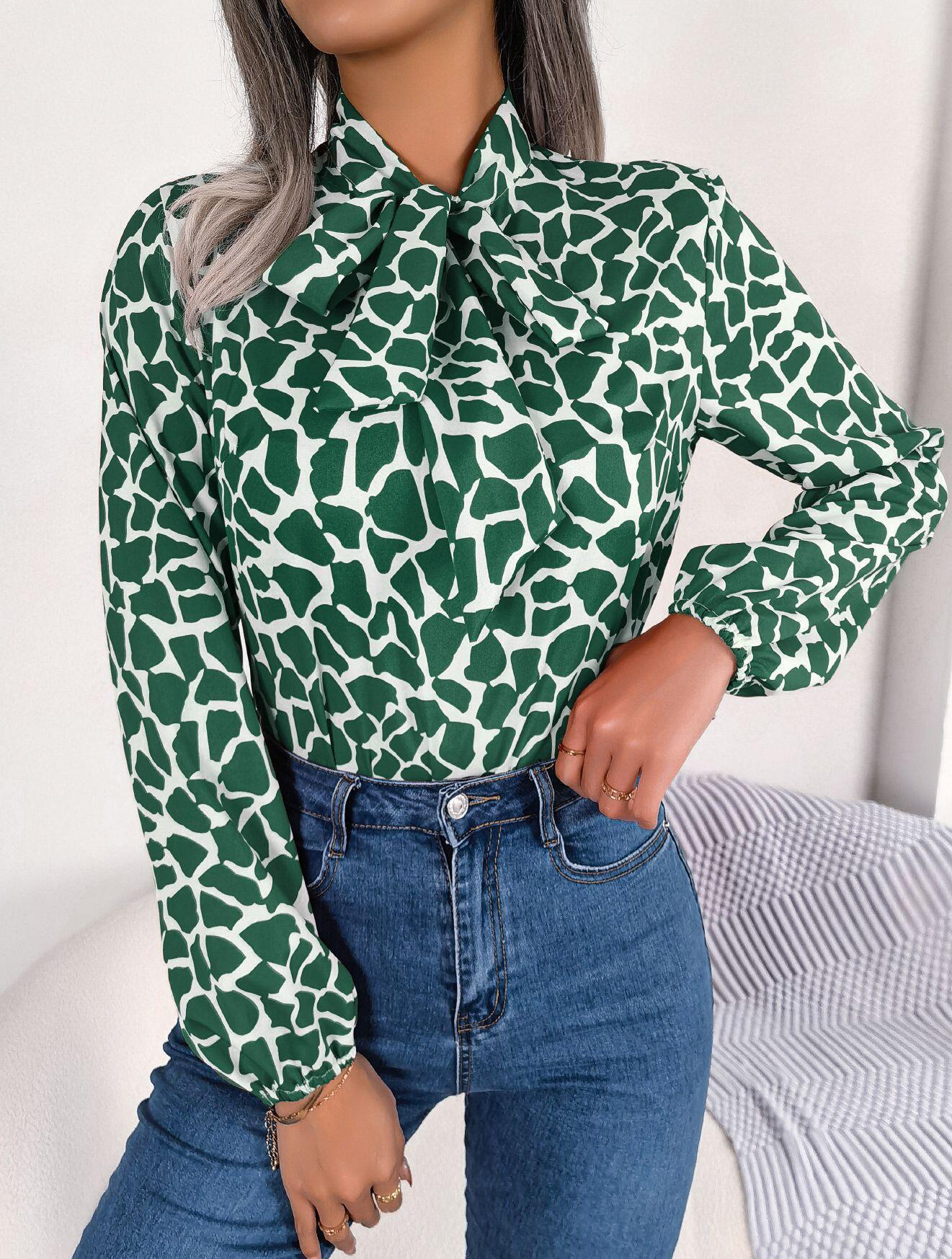 Abstract Print Neck Bow Long Sleeve Shirt