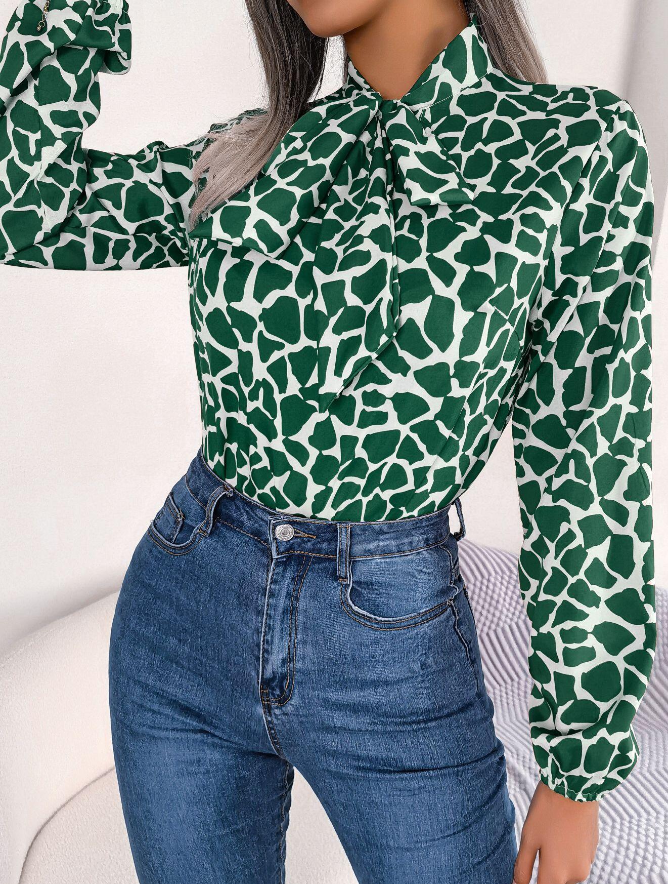 Abstract Print Neck Bow Long Sleeve Shirt