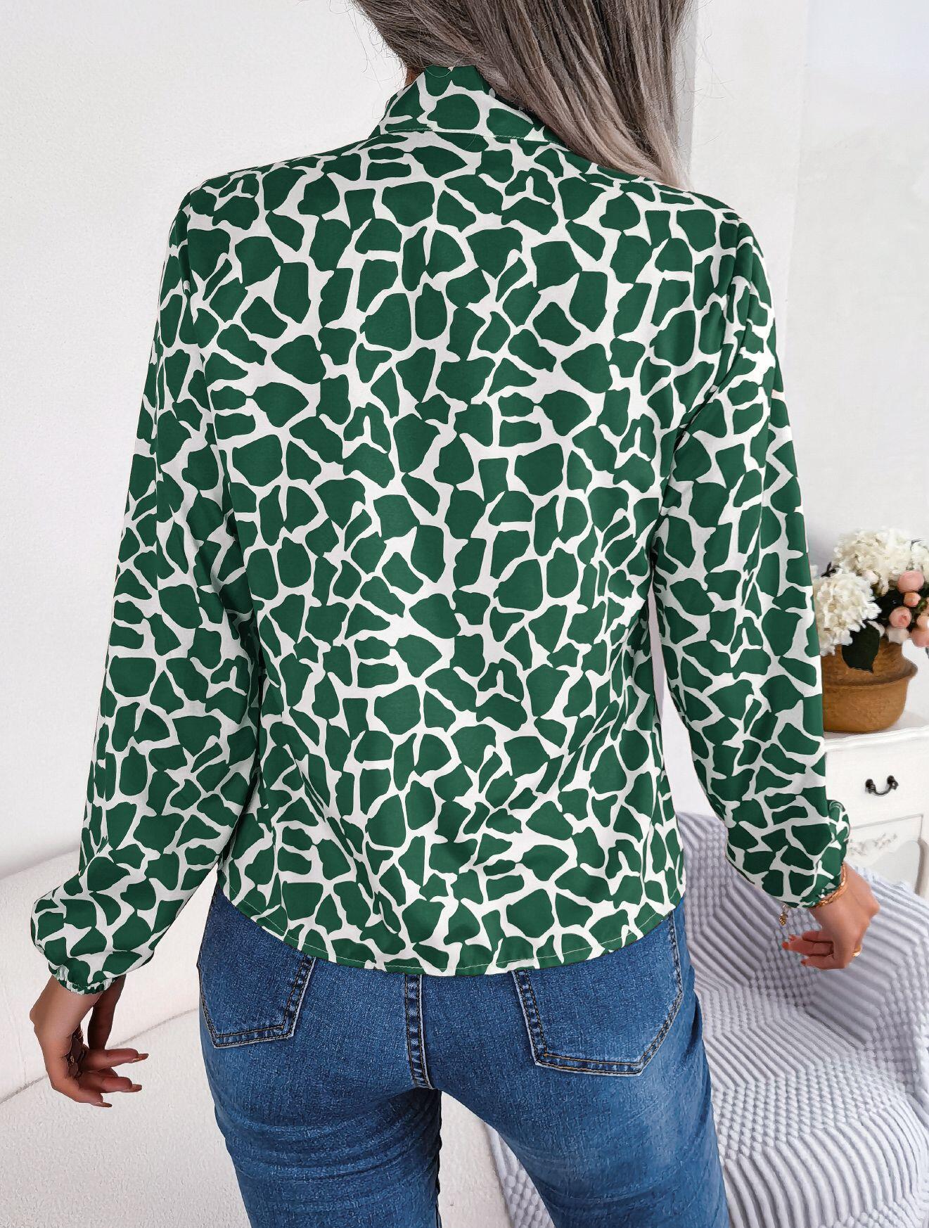Abstract Print Neck Bow Long Sleeve Shirt