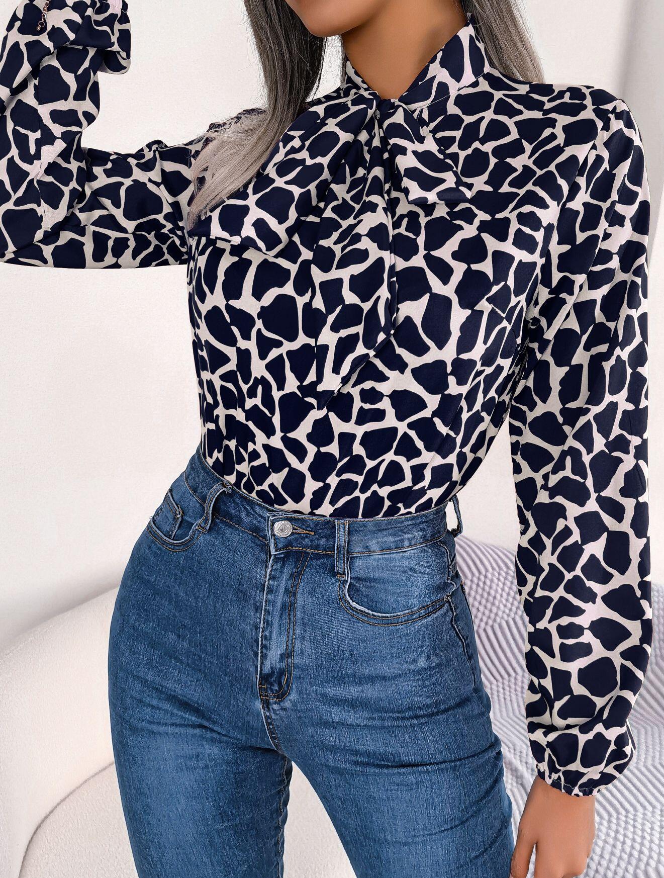 Abstract Print Neck Bow Long Sleeve Shirt