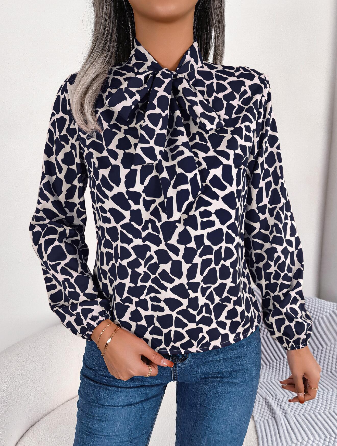 Abstract Print Neck Bow Long Sleeve Shirt