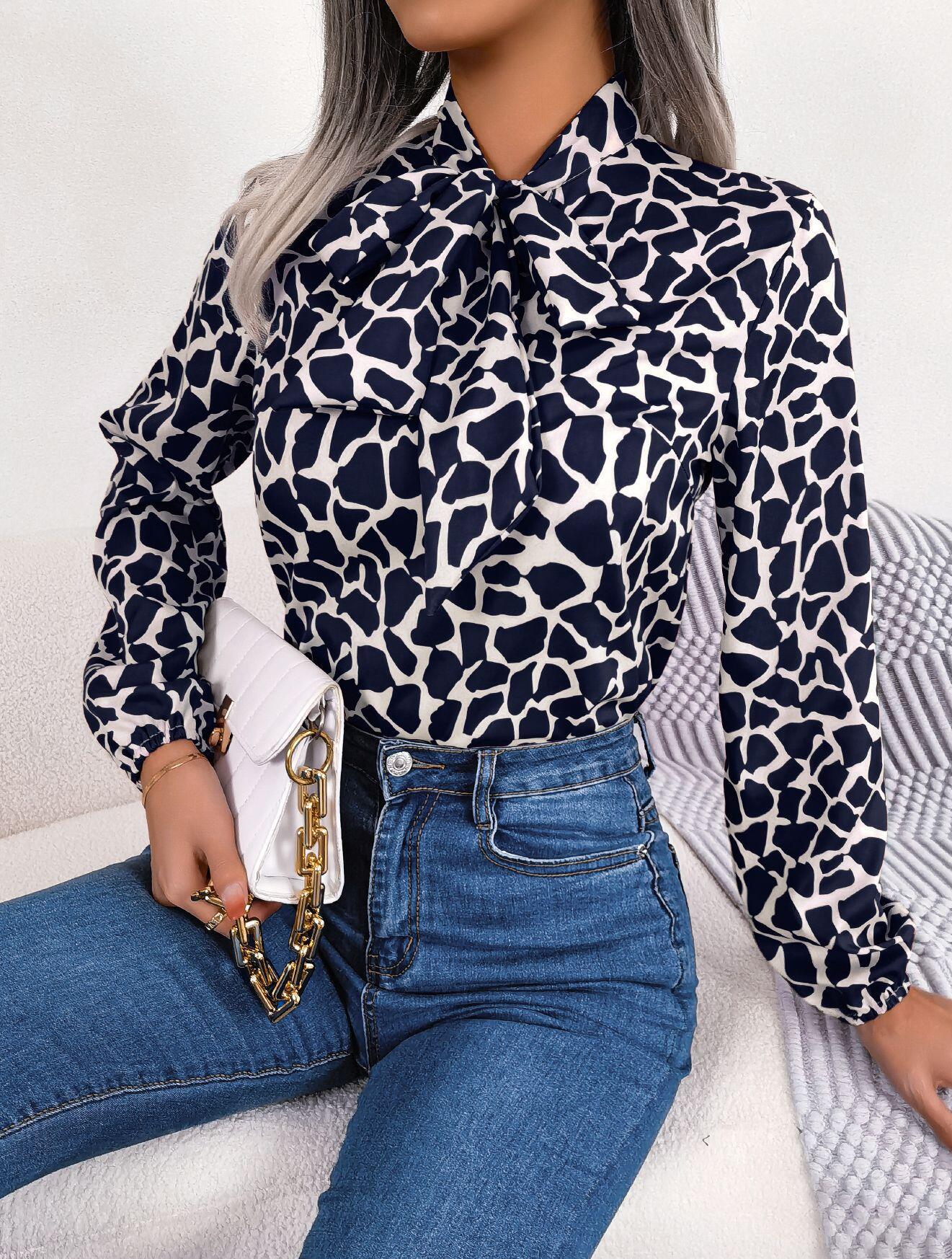 Abstract Print Neck Bow Long Sleeve Shirt
