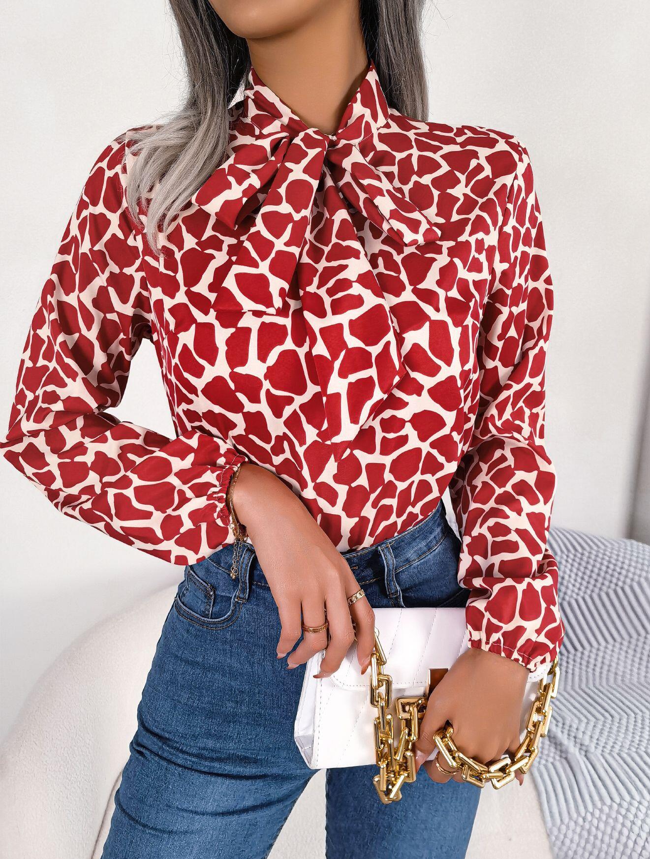 Abstract Print Neck Bow Long Sleeve Shirt