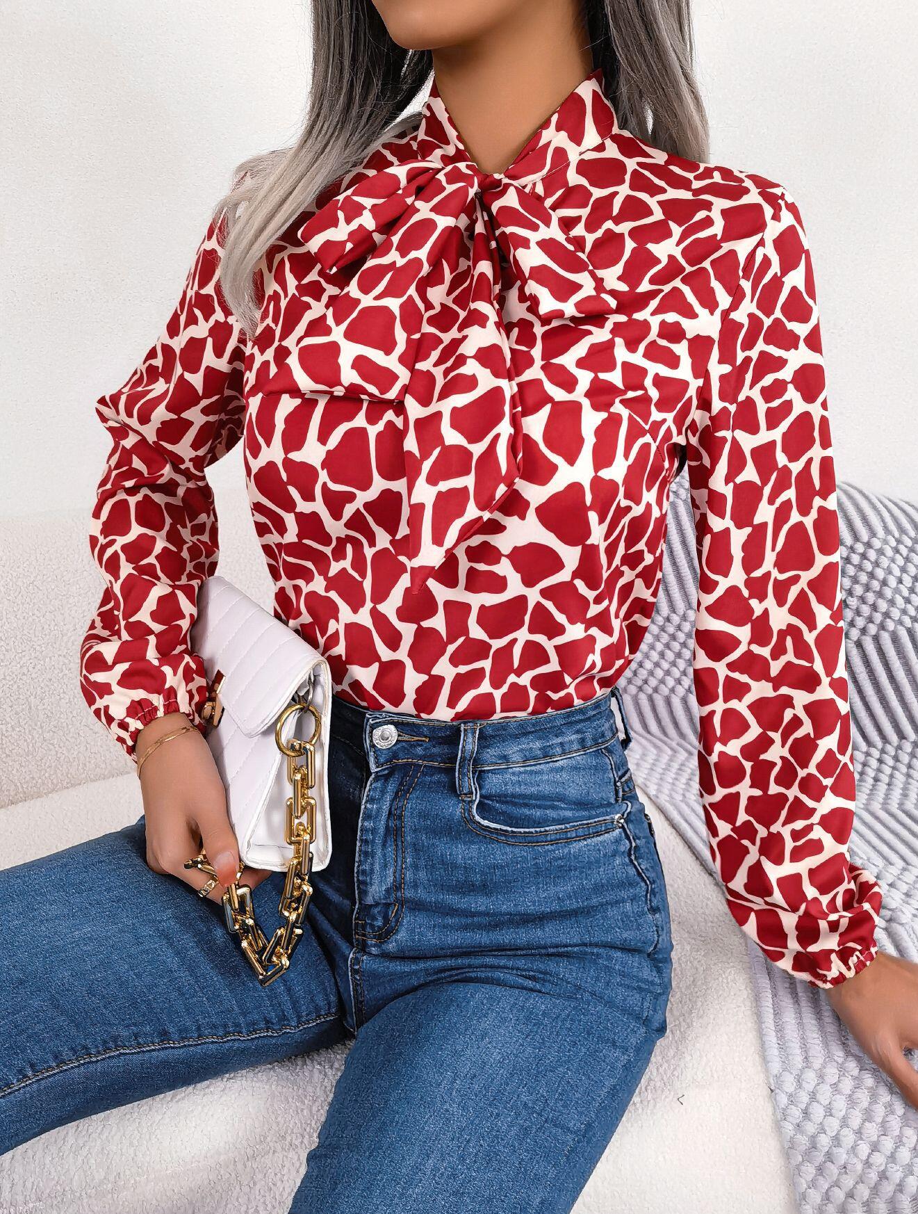 Abstract Print Neck Bow Long Sleeve Shirt