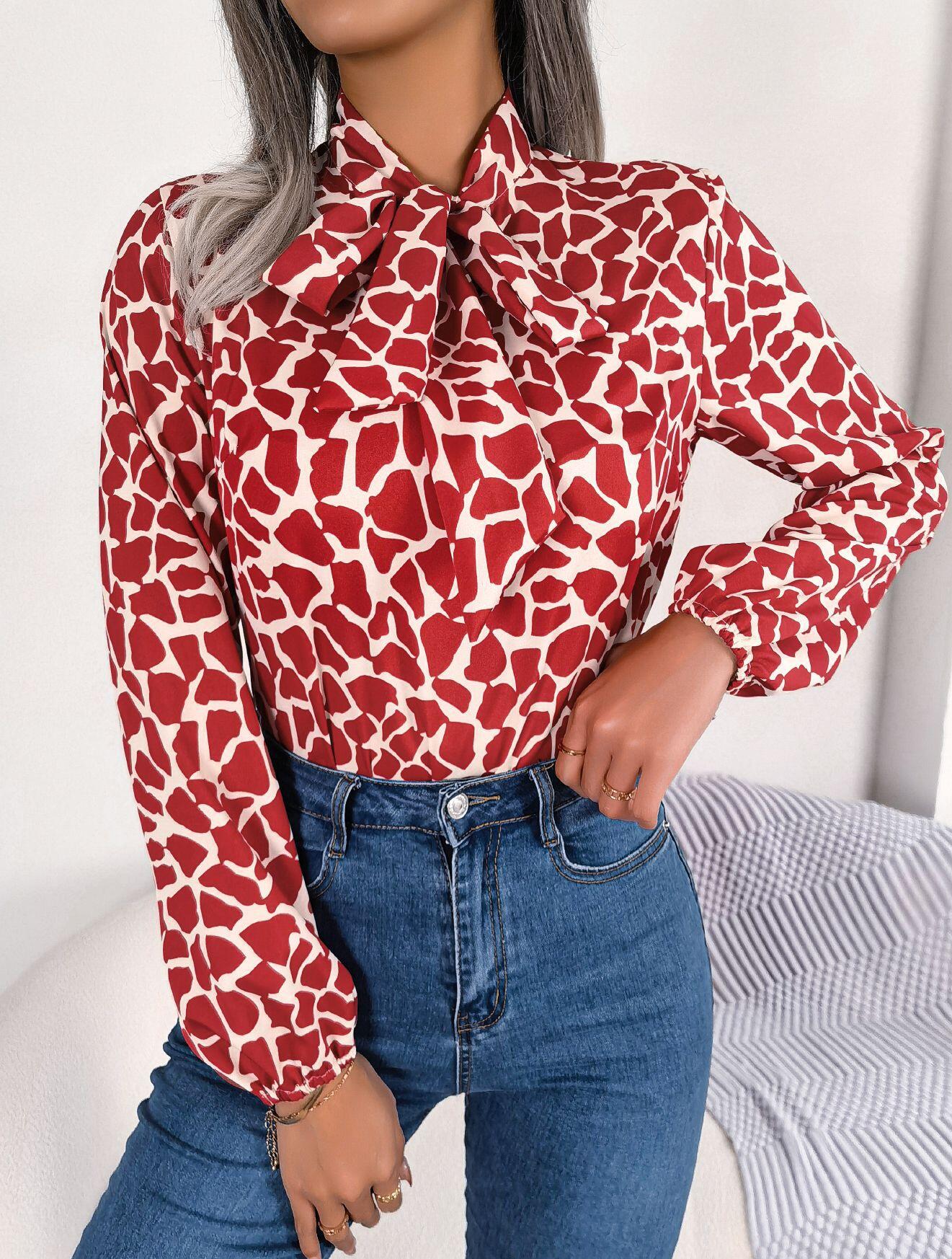 Abstract Print Neck Bow Long Sleeve Shirt