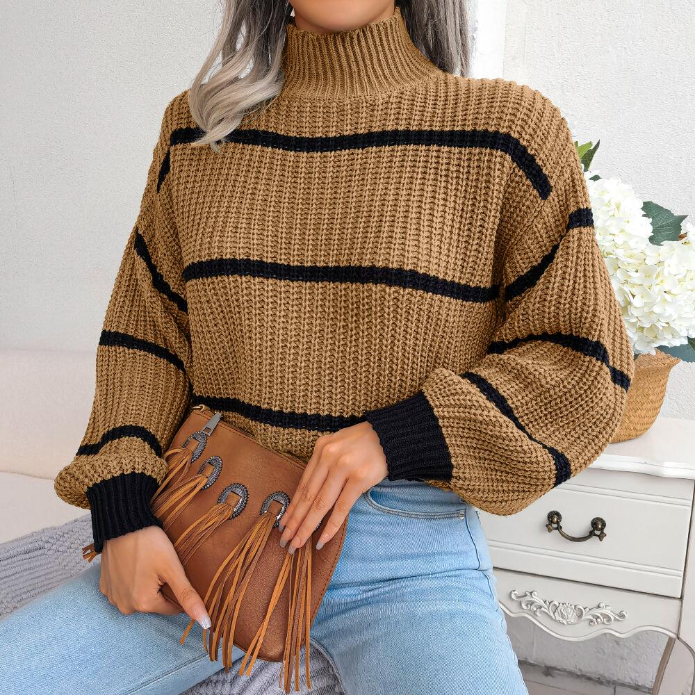 Mock Neck Striped Detail Knit Sweater