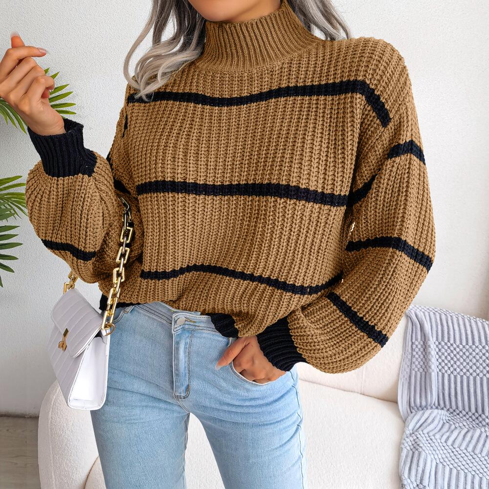 Mock Neck Striped Detail Knit Sweater