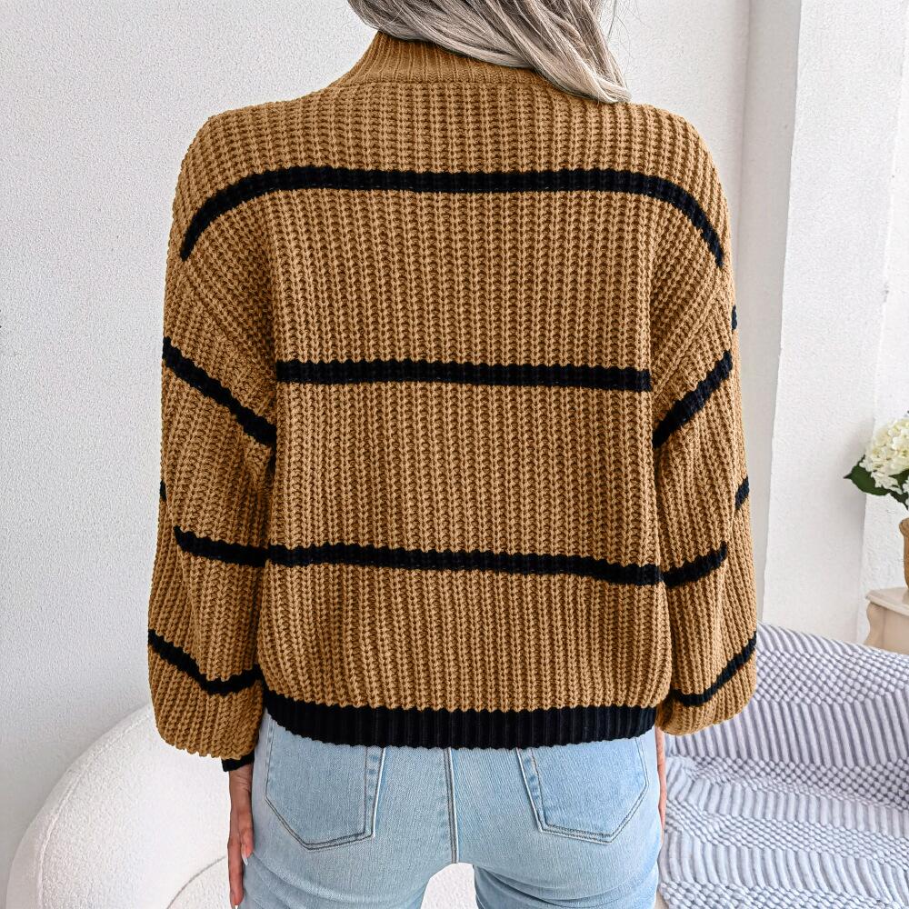 Mock Neck Striped Detail Knit Sweater