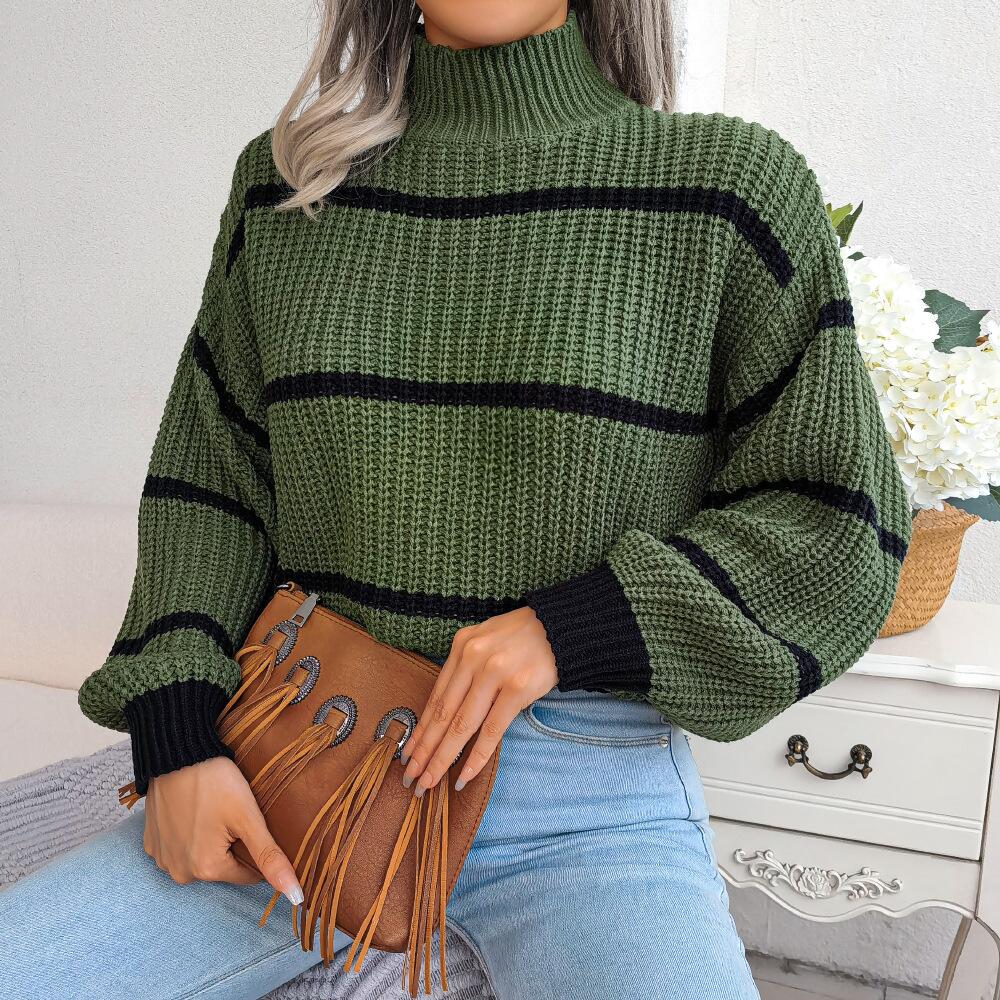 Mock Neck Striped Detail Knit Sweater