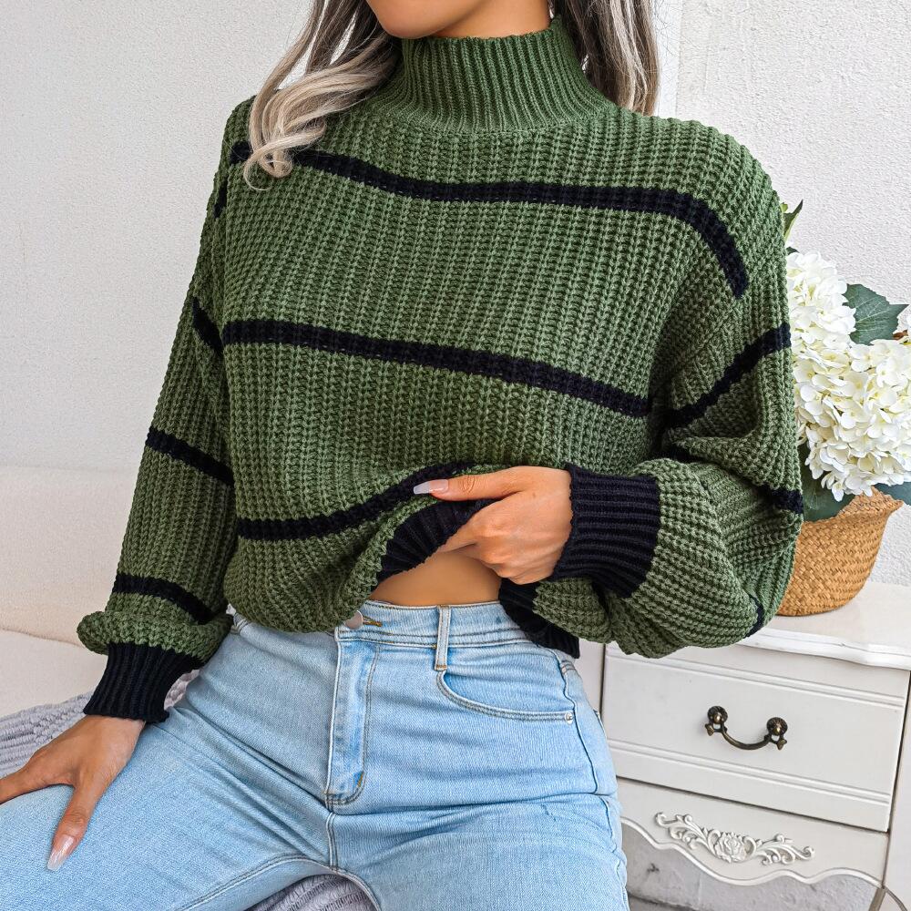 Mock Neck Striped Detail Knit Sweater