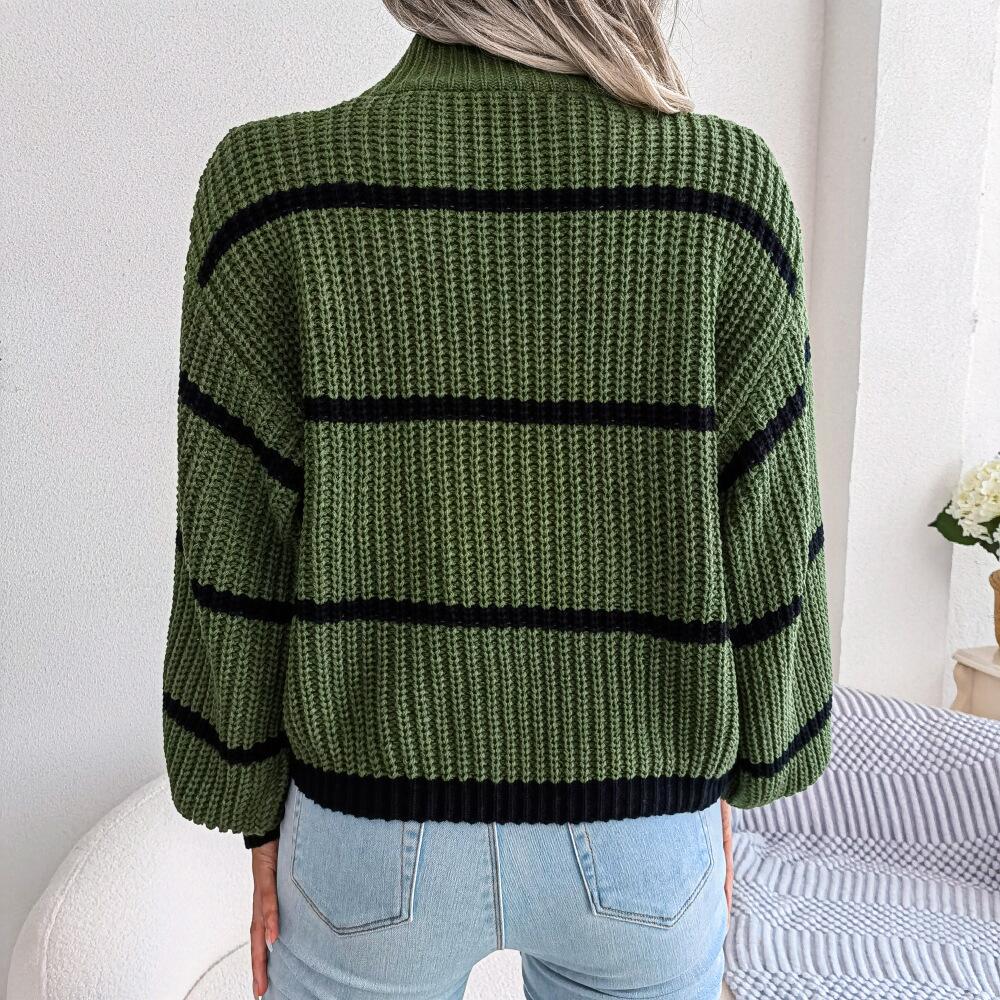 Mock Neck Striped Detail Knit Sweater