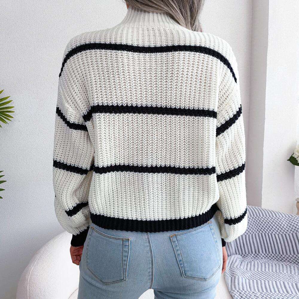 Mock Neck Striped Detail Knit Sweater