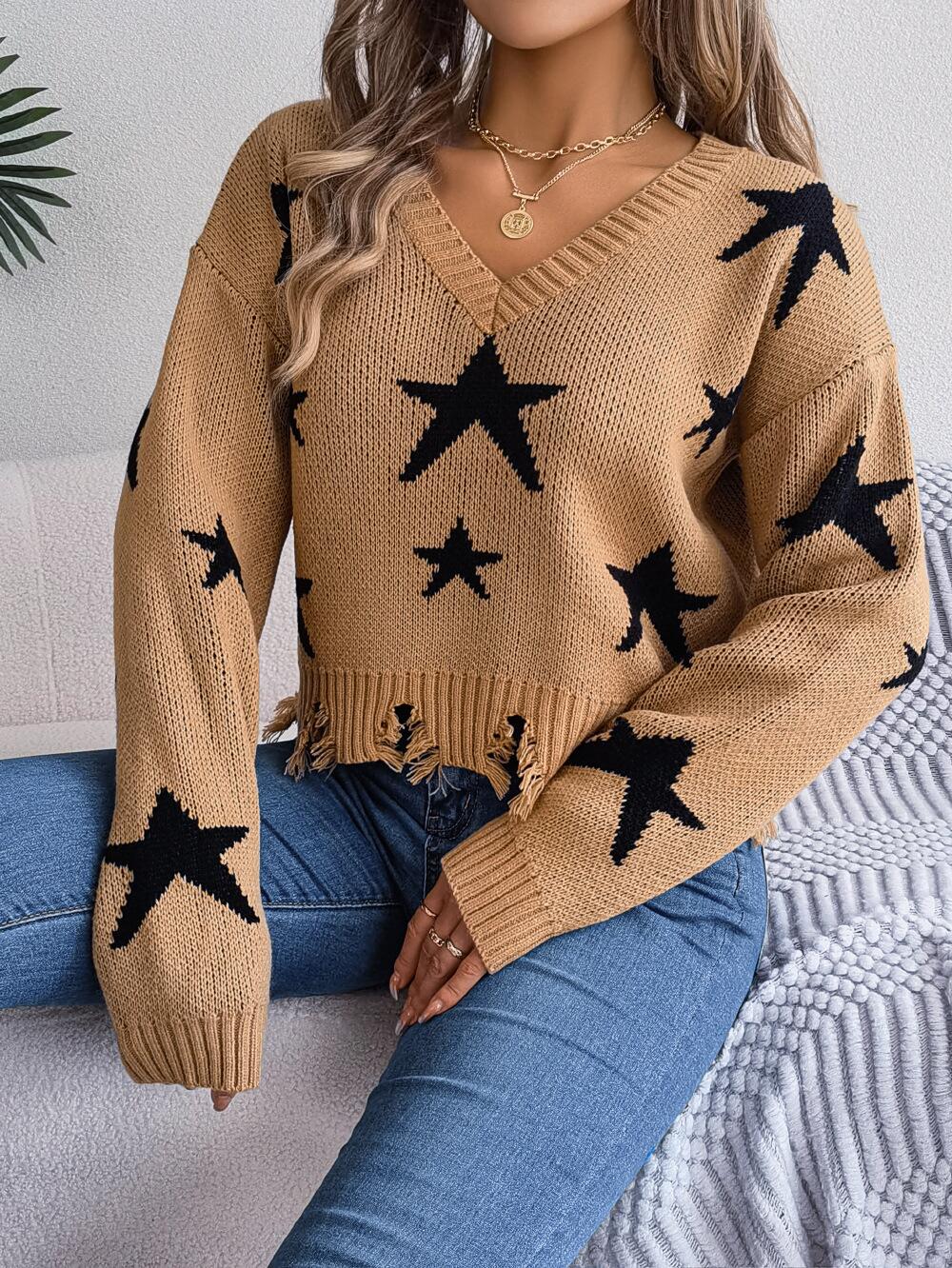 Star Pattern Distressed Detail Sweater