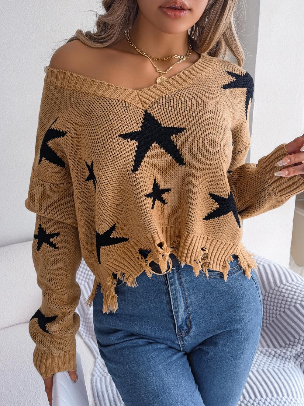 Star Pattern Distressed Detail Sweater