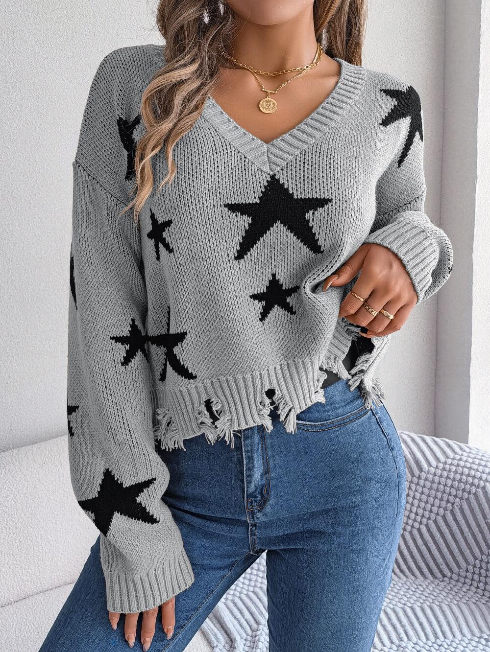 Star Pattern Distressed Detail Sweater
