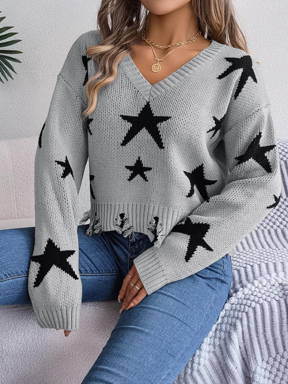 Star Pattern Distressed Detail Sweater