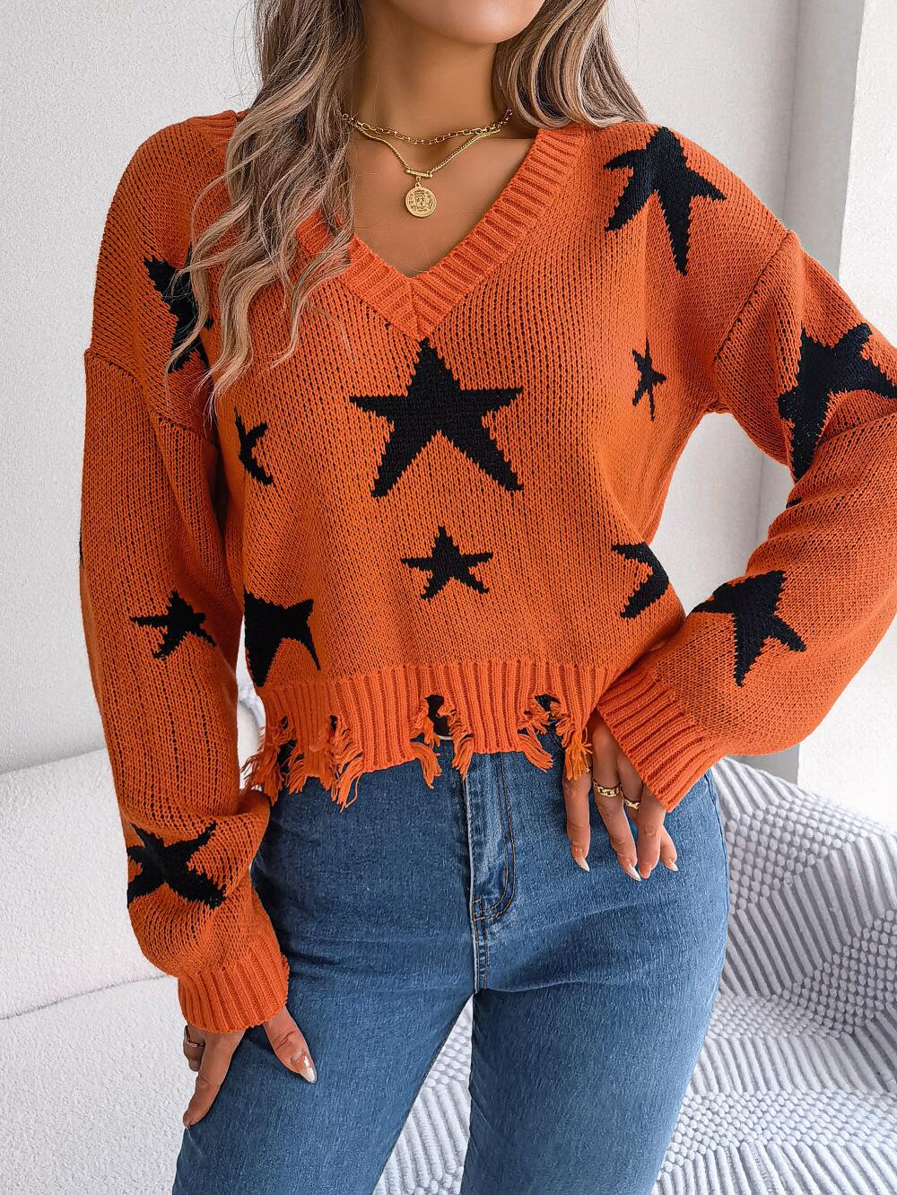 Star Pattern Distressed Detail Sweater