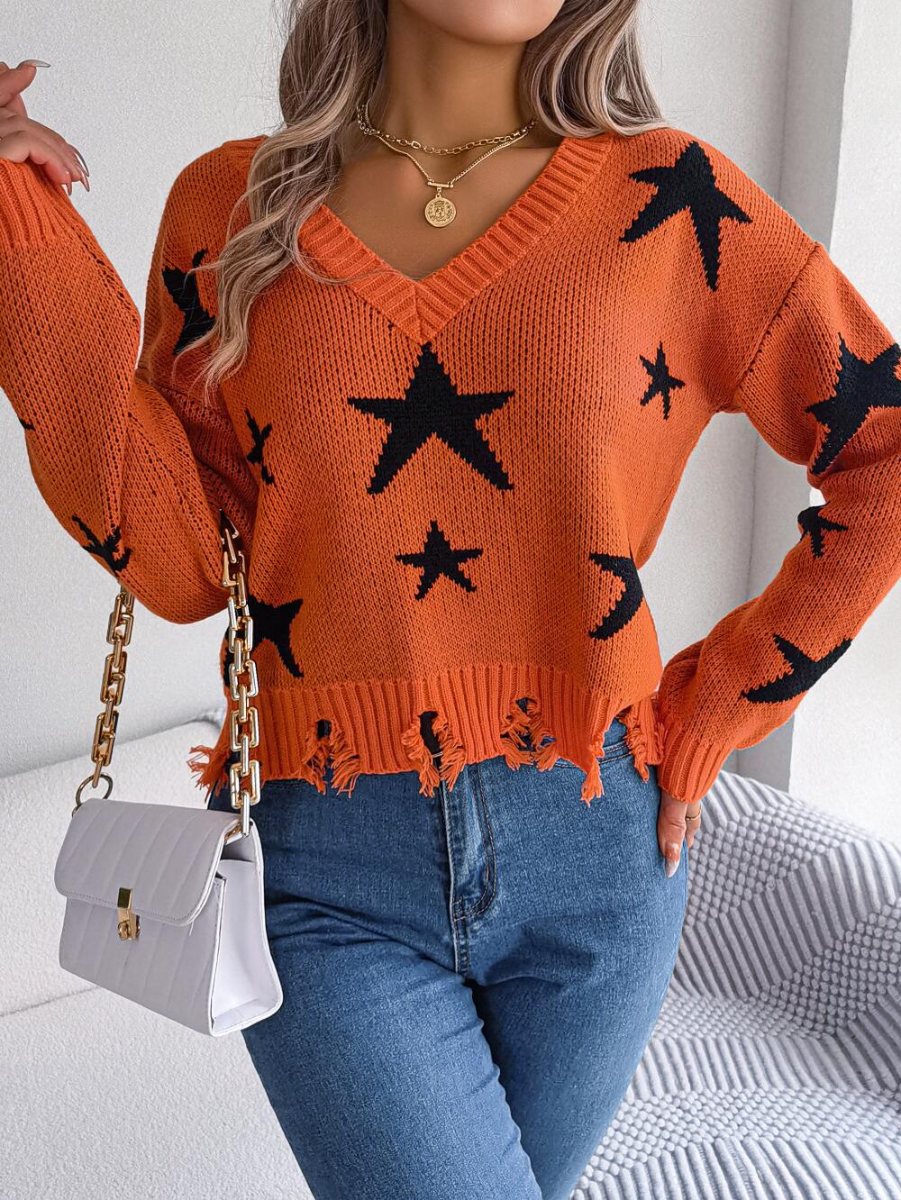 Star Pattern Distressed Detail Sweater