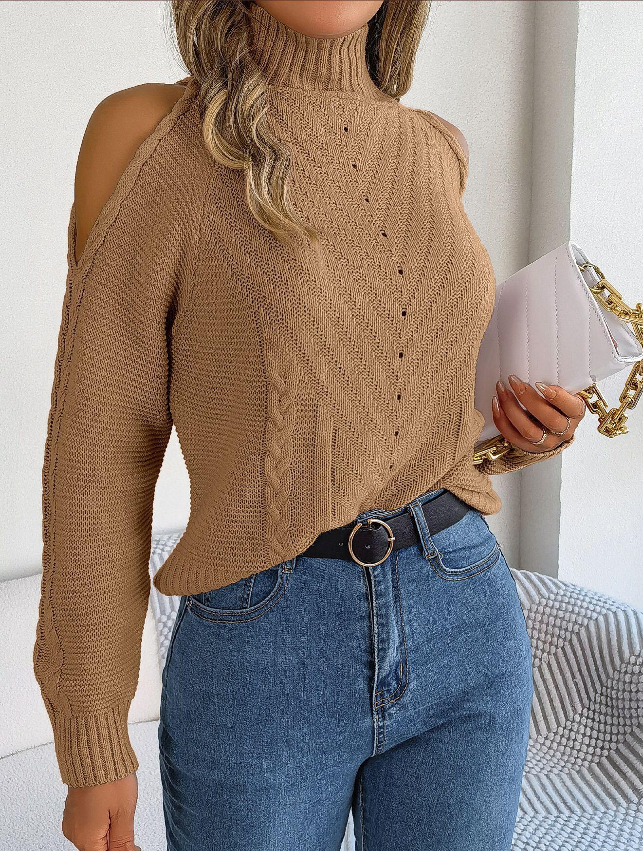 Turtleneck Cold Shoulder Knit Sweater