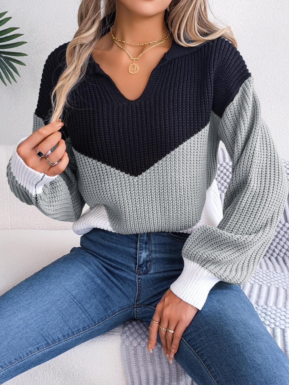 Chevron Striped Collared Sweater
