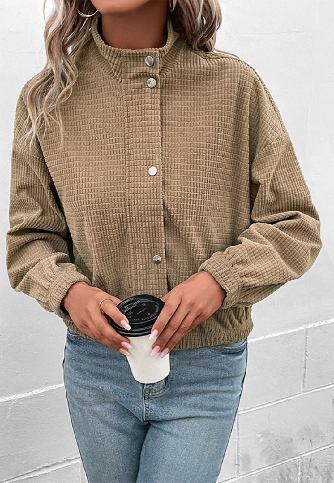 Waffle Neck Zip-Up Button Jacket