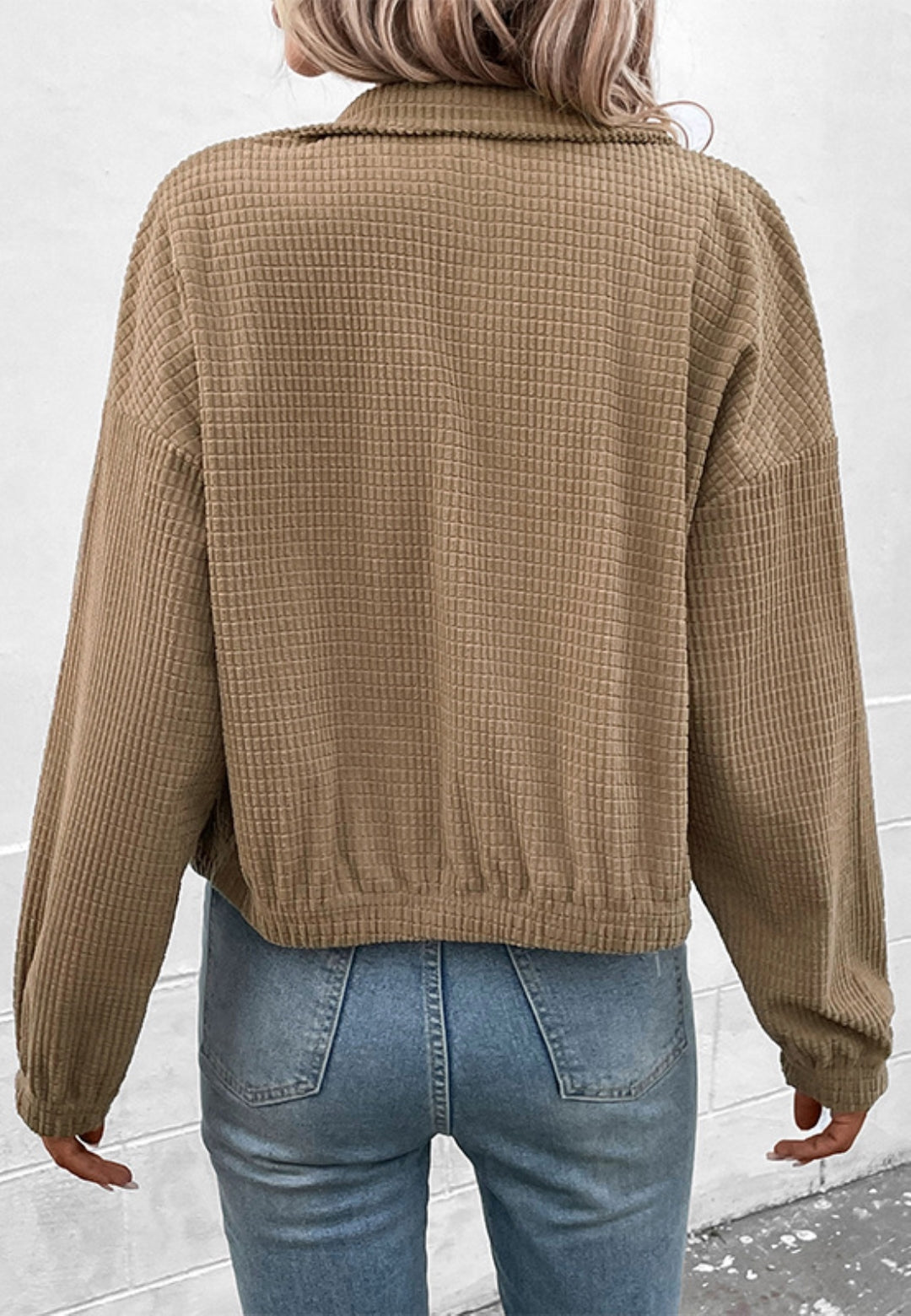 Waffle Neck Zip-Up Button Jacket