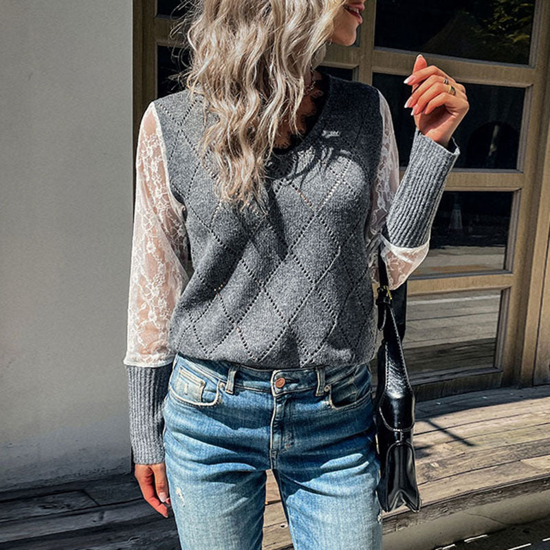 Argyle Knit Lace Sleeve Sweater