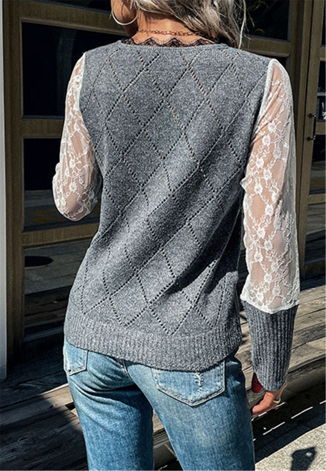 Argyle Knit Lace Sleeve Sweater