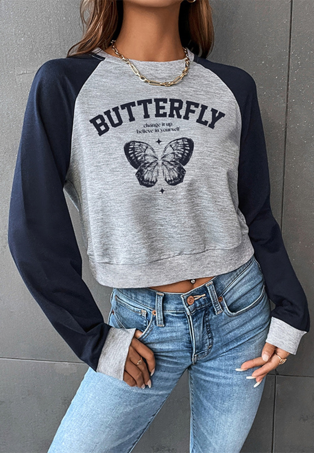Two Tone Butterfly Print Sweatshirt