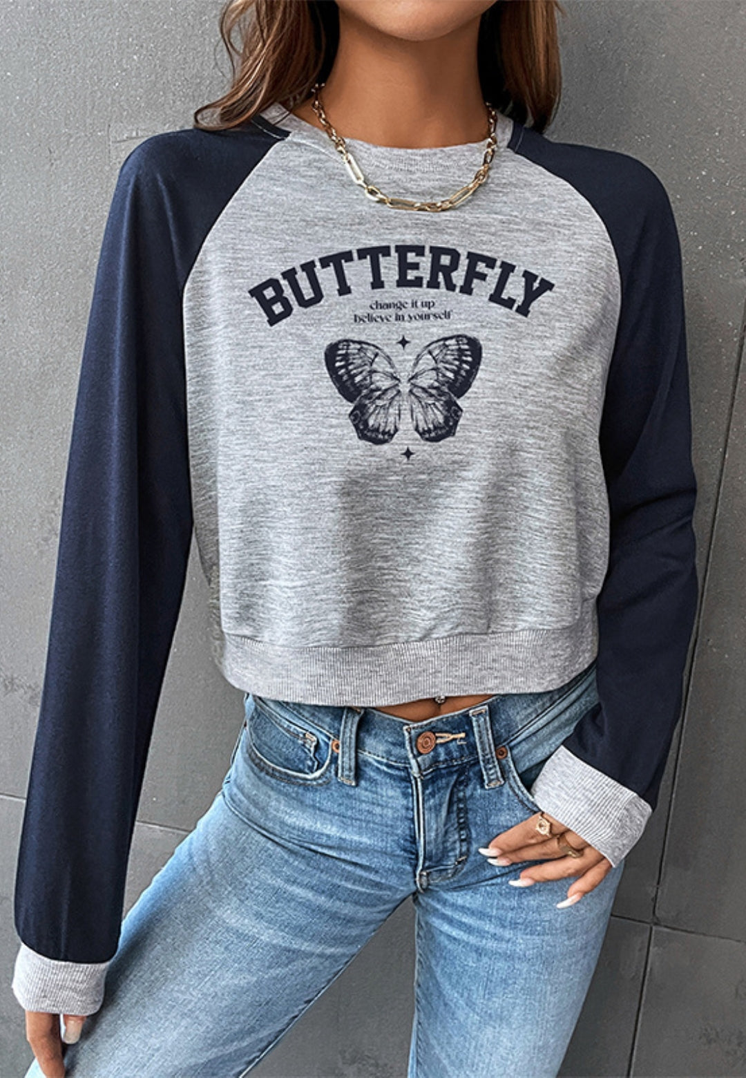 Two Tone Butterfly Print Sweatshirt
