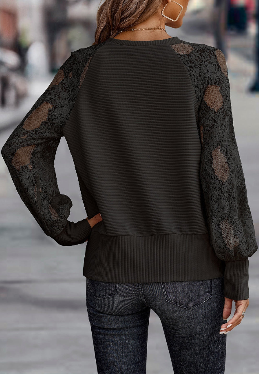 Raglan Lace Long Sleeve Textured Sweater