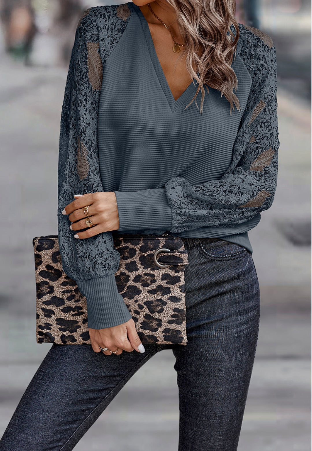 Raglan Lace Long Sleeve Textured Sweater
