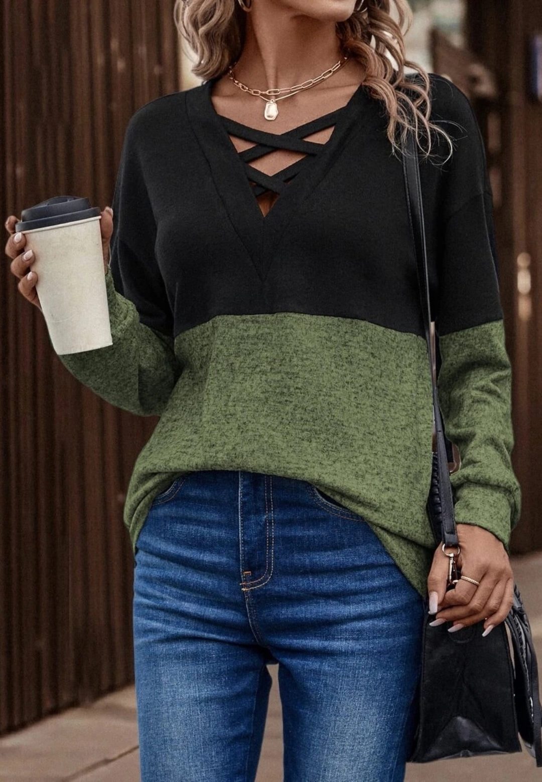 Cross Front Color Block Sweater