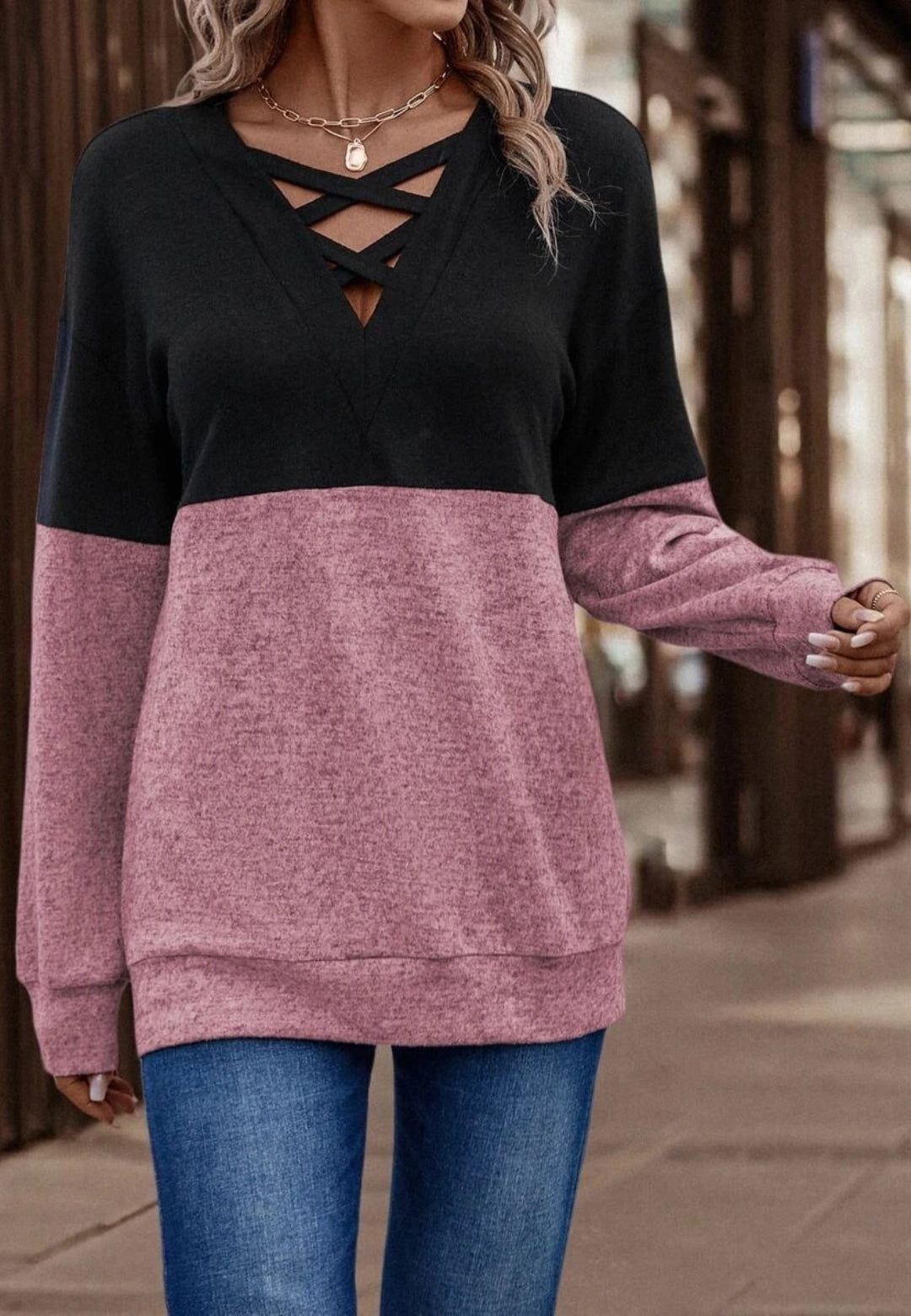 Cross Front Color Block Sweater