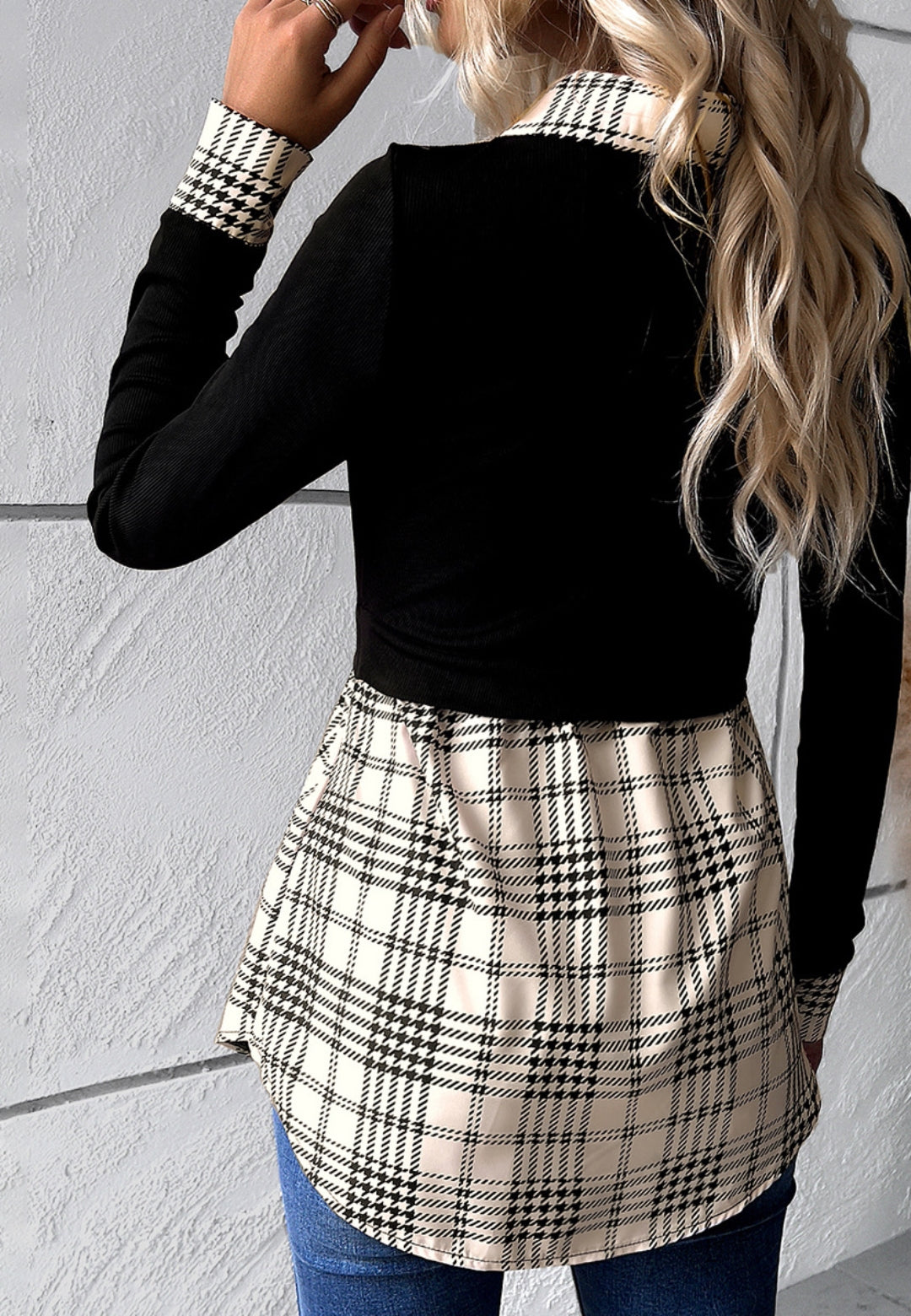 Plaid Line Print Collared Top