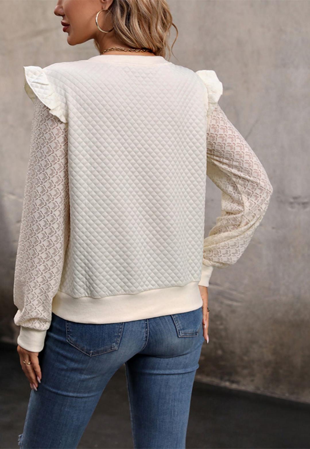 Puffed Textured Ruffle Shoulder Detail Lace Sleeve Pullover