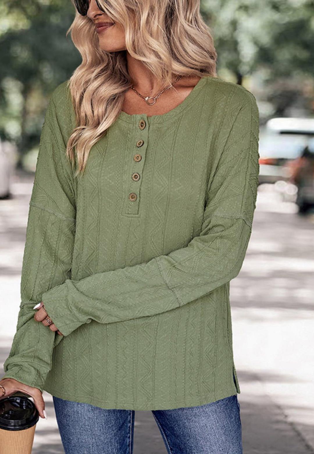 Henley Button Down Drop Shoulder Textured Long Sleeve Pullover