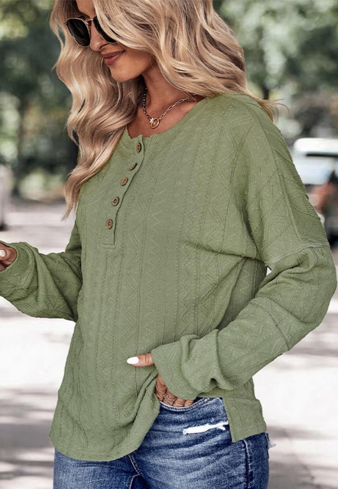 Henley Button Down Drop Shoulder Textured Long Sleeve Pullover