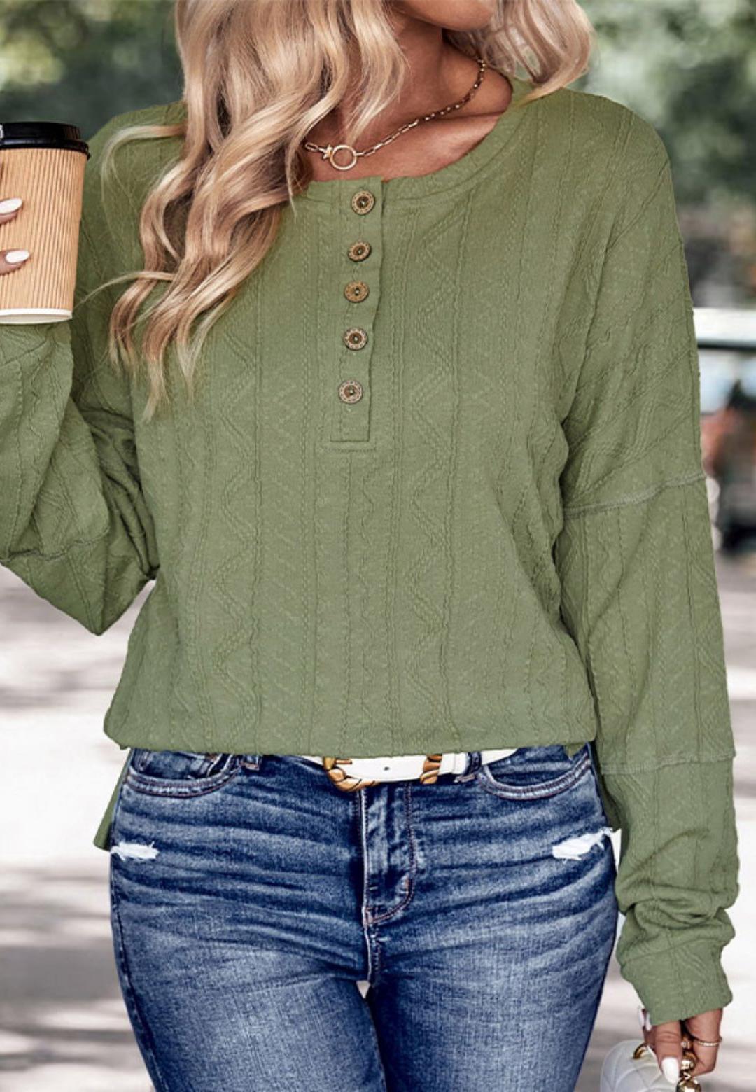 Henley Button Down Drop Shoulder Textured Long Sleeve Pullover