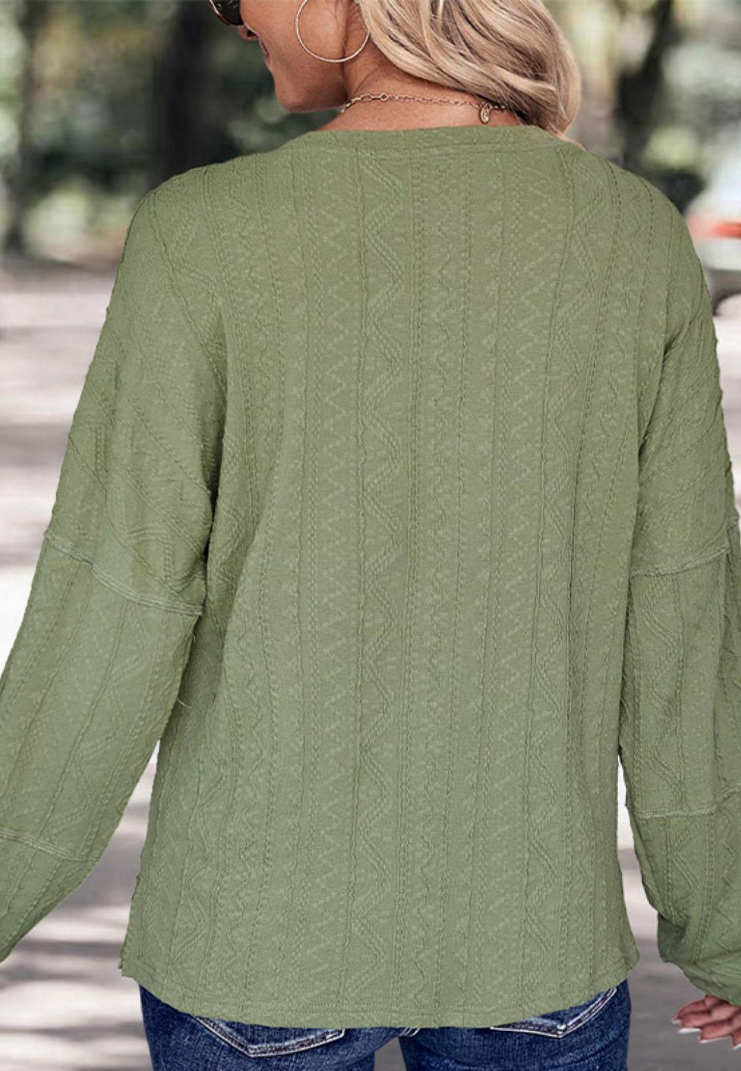 Henley Button Down Drop Shoulder Textured Long Sleeve Pullover