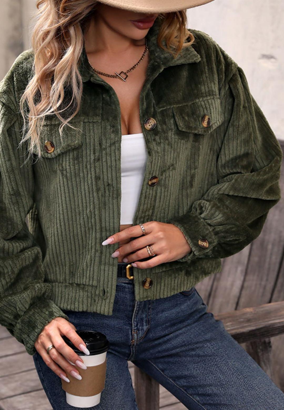 Velvet Corduroy Button Down Cuffed Sleeve Cropped Jacket