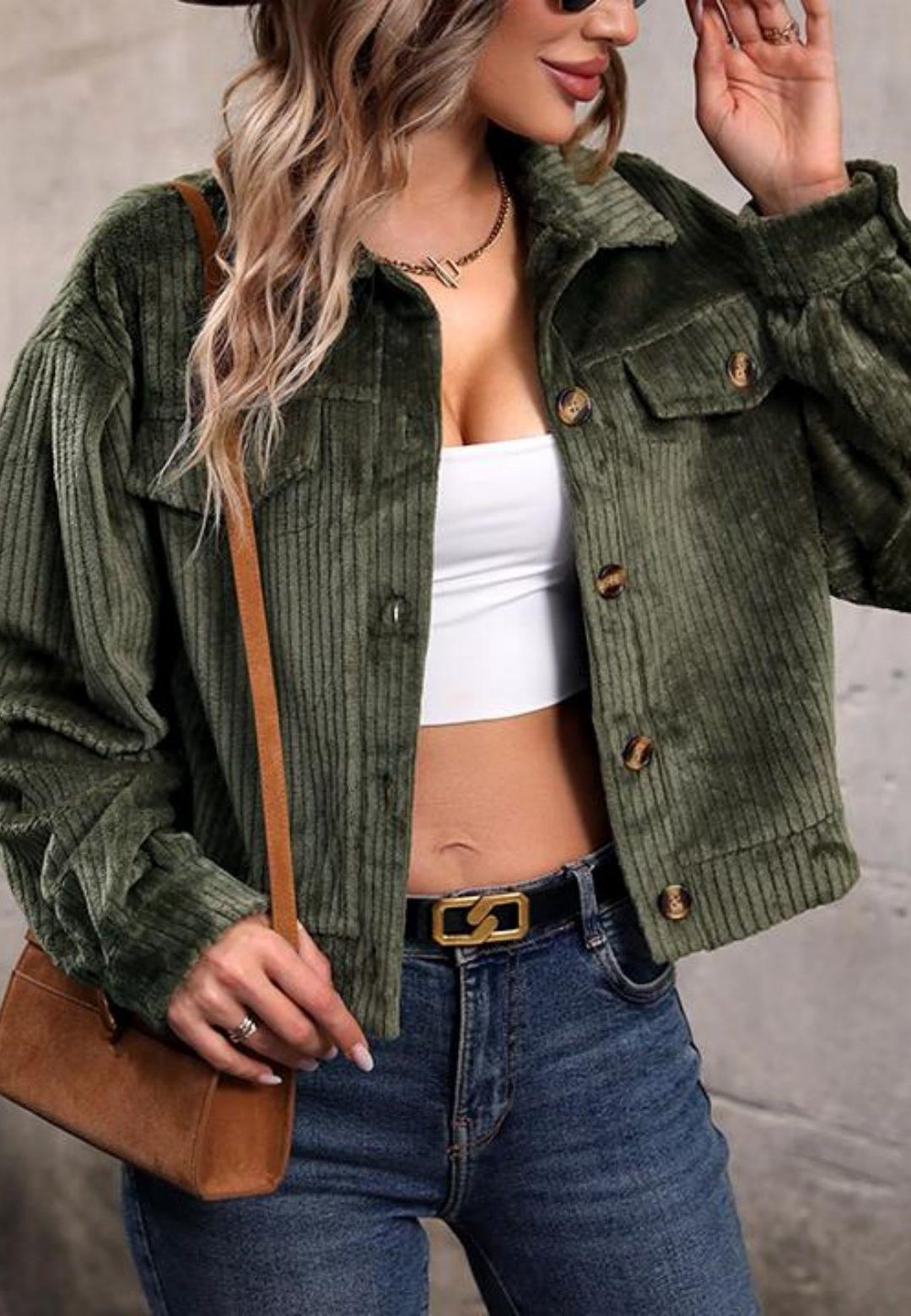 Velvet Corduroy Button Down Cuffed Sleeve Cropped Jacket