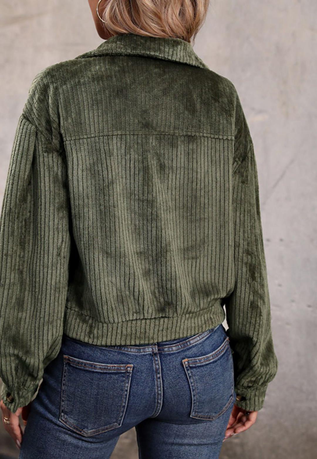 Velvet Corduroy Button Down Cuffed Sleeve Cropped Jacket