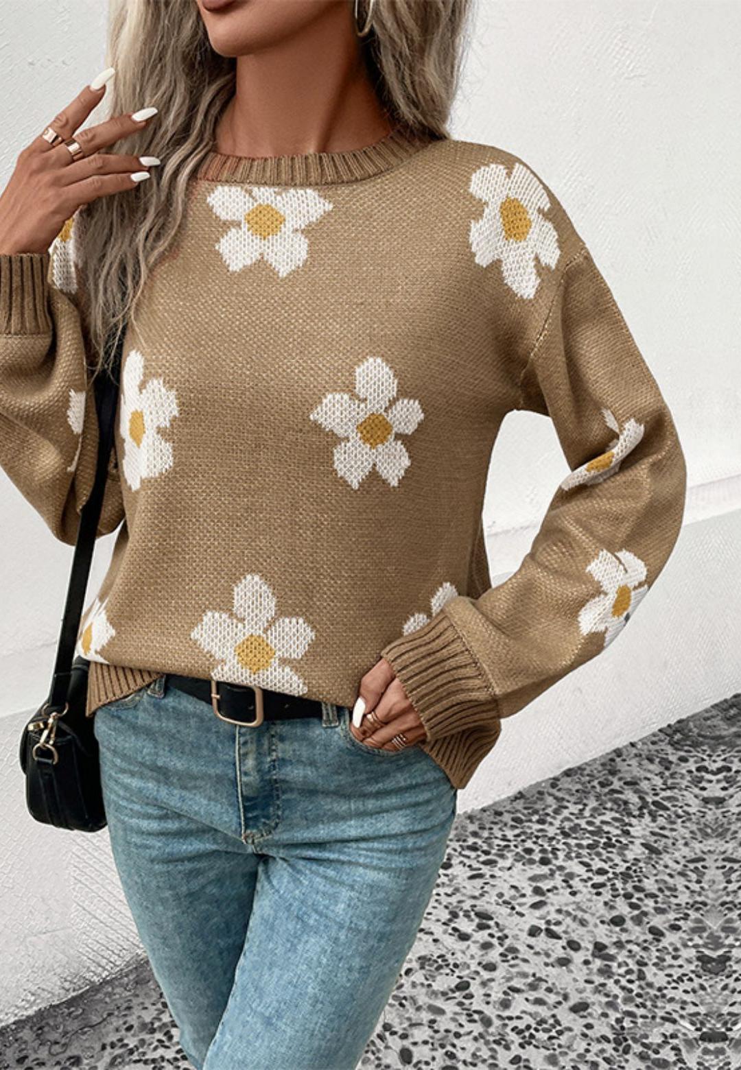 Daisy Flower Print Long Cuffed Sleeve Pullover Sweater