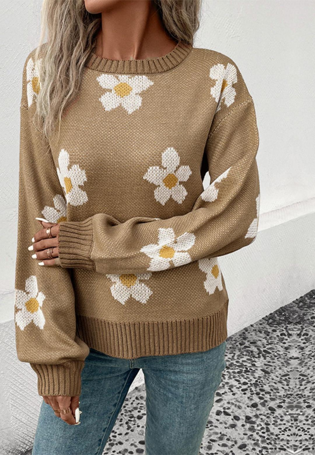 Daisy Flower Print Long Cuffed Sleeve Pullover Sweater